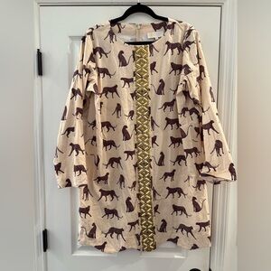 Sheridan French Blair Tunic Dress Cream Brown Cheetah Leopard Beaded Large